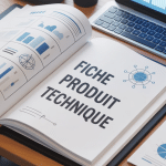 fiche produit technique sur bureau avec graphiques et tableaux