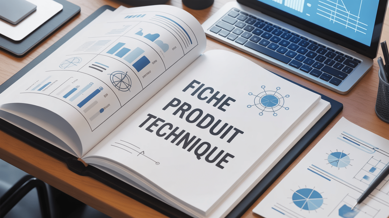 fiche produit technique sur bureau avec graphiques et tableaux