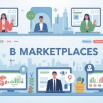 Illustration b marketplace avec entreprises connectées et échanges B2B