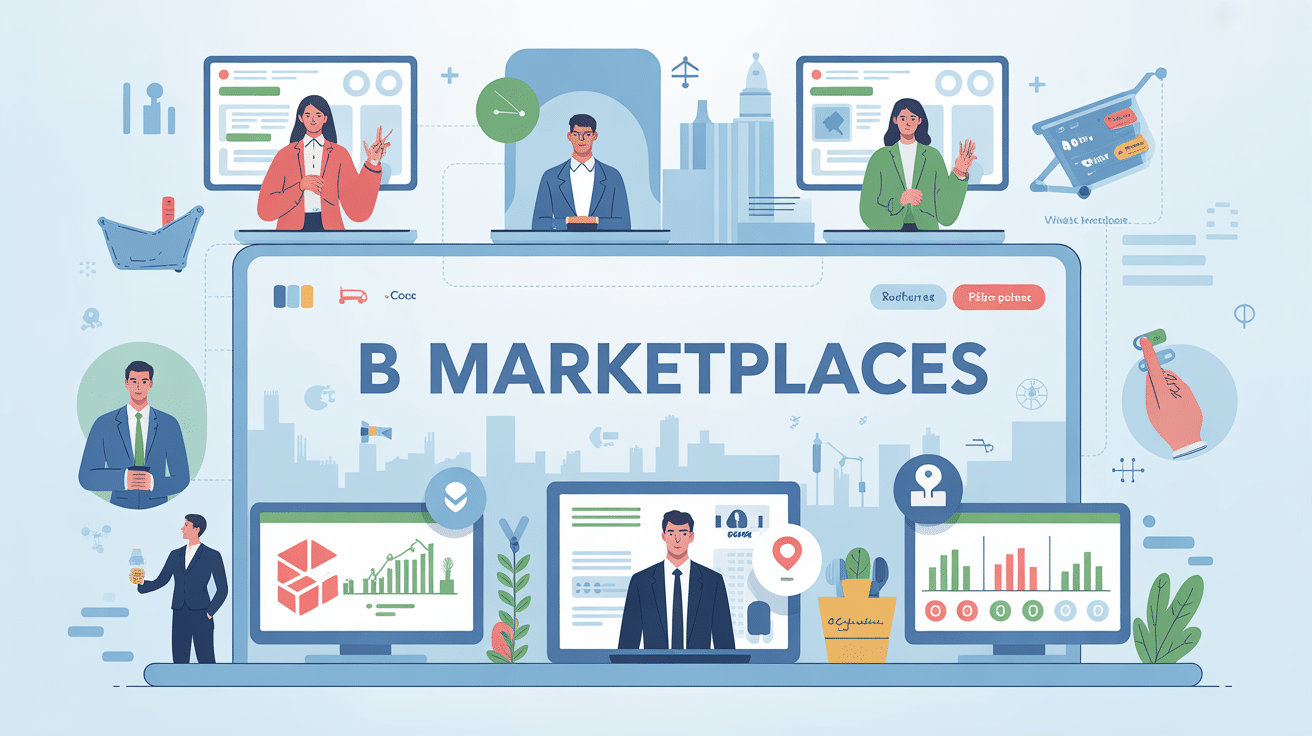 Illustration b marketplace avec entreprises connectées et échanges B2B