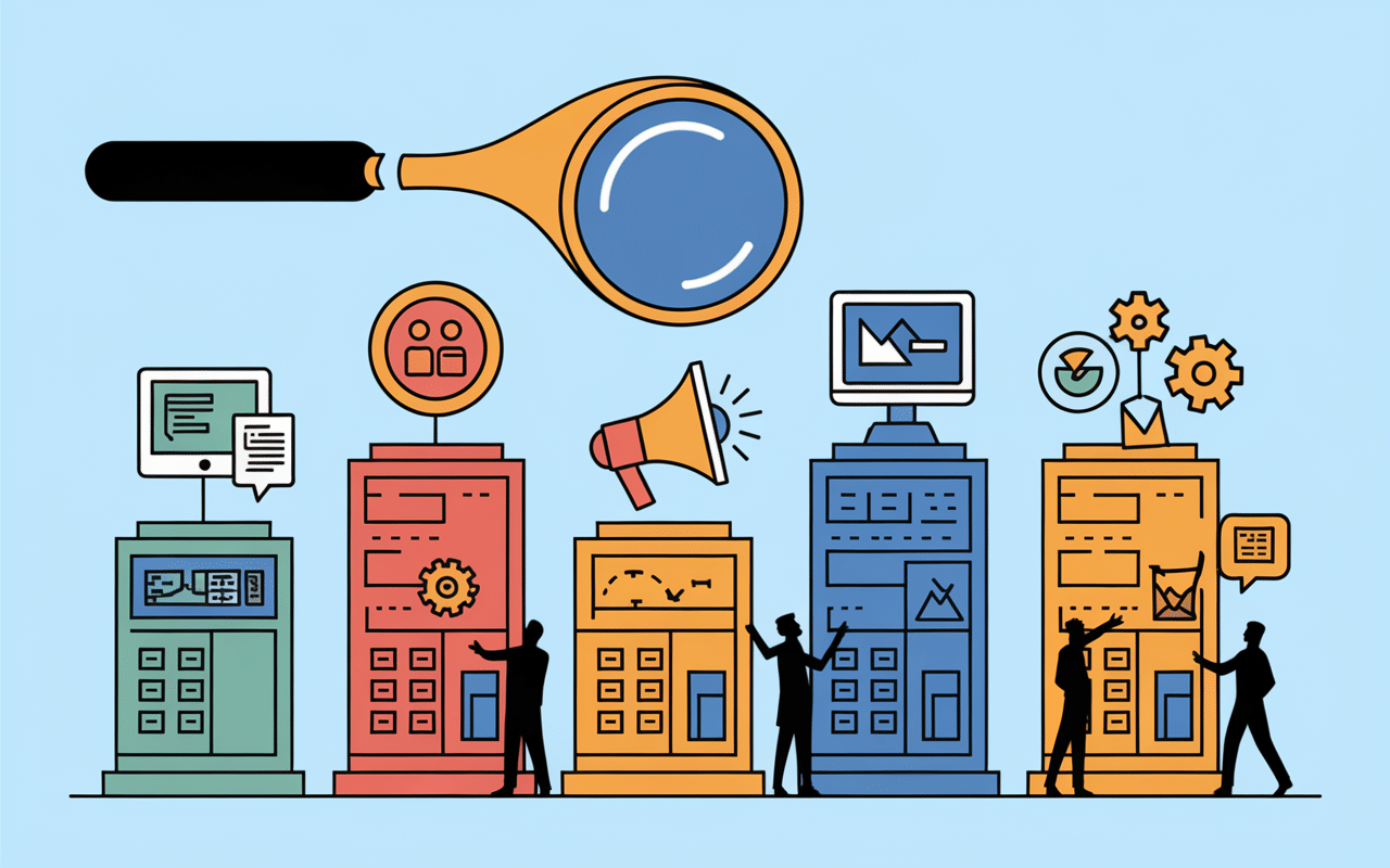 Illustration best PR agence selection avec loupe et batiments