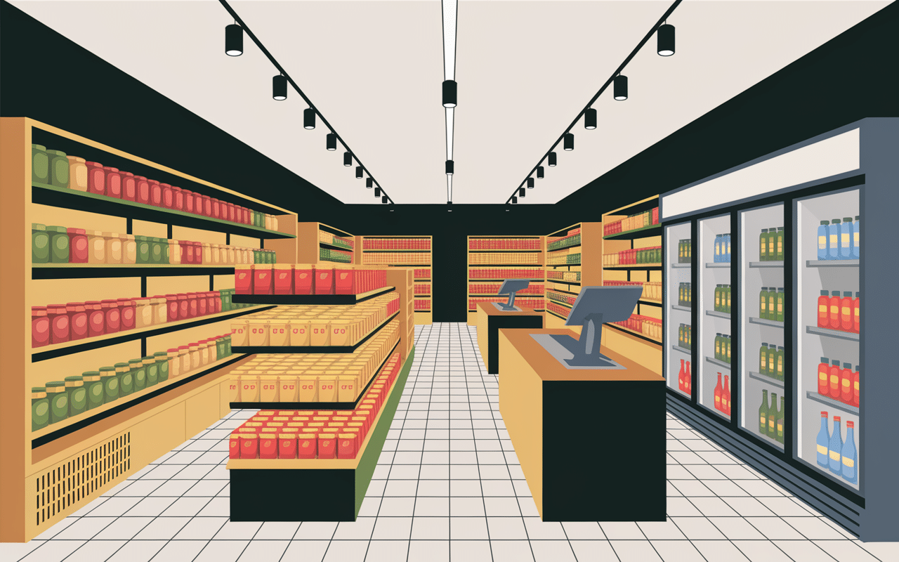 Intérieur optimisé d'un convenience store avec rayons et caisse