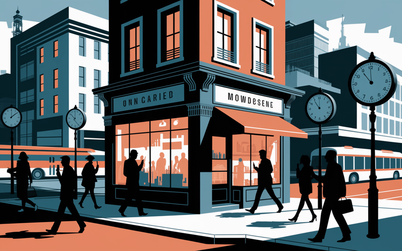 Scène dynamique devant un convenience store en ville