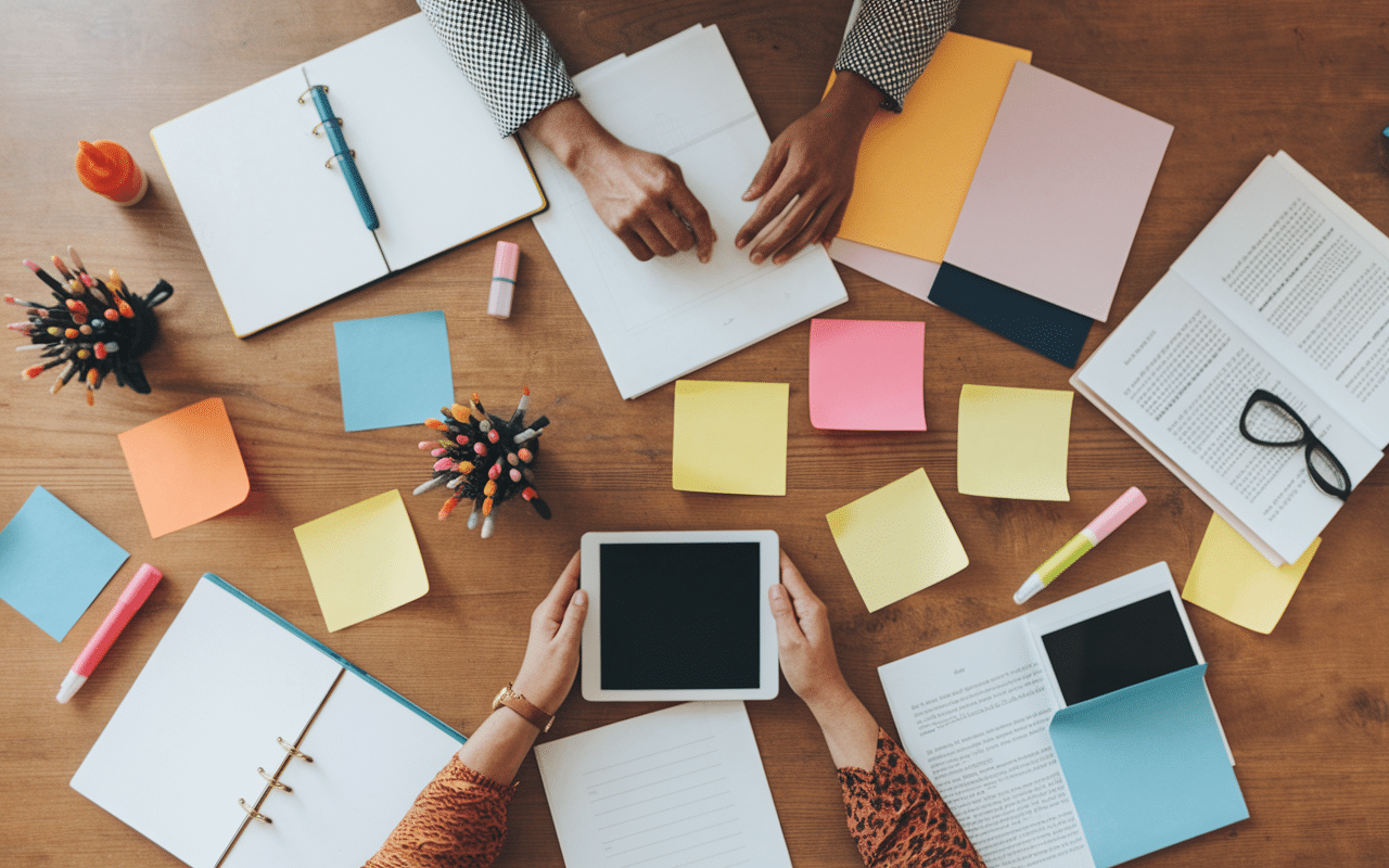 mains organisant dossier de presse creatif