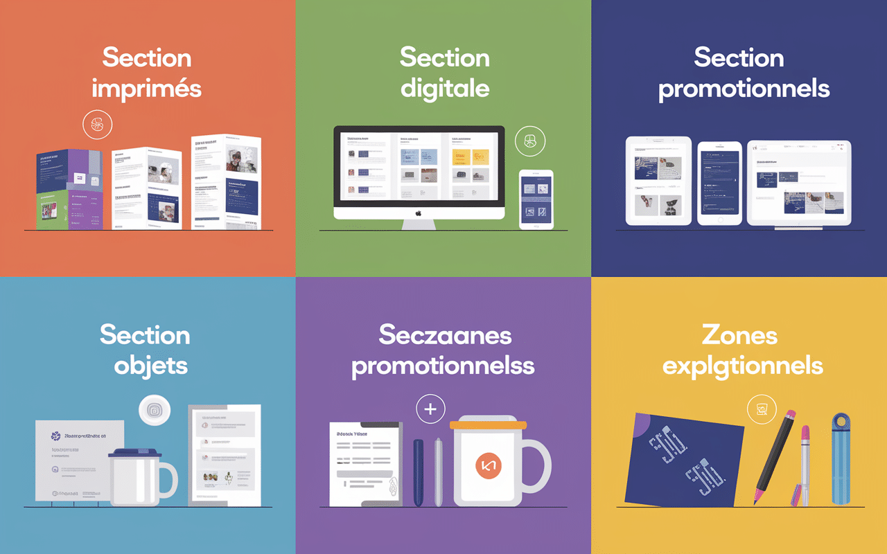 Vue infographique supports de communication imprimés, digitaux et objets