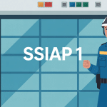 ssiap 1 agent devant bâtiment avec équipements incendie