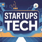 startup tech silhouettes icônes futuristes bleu orange