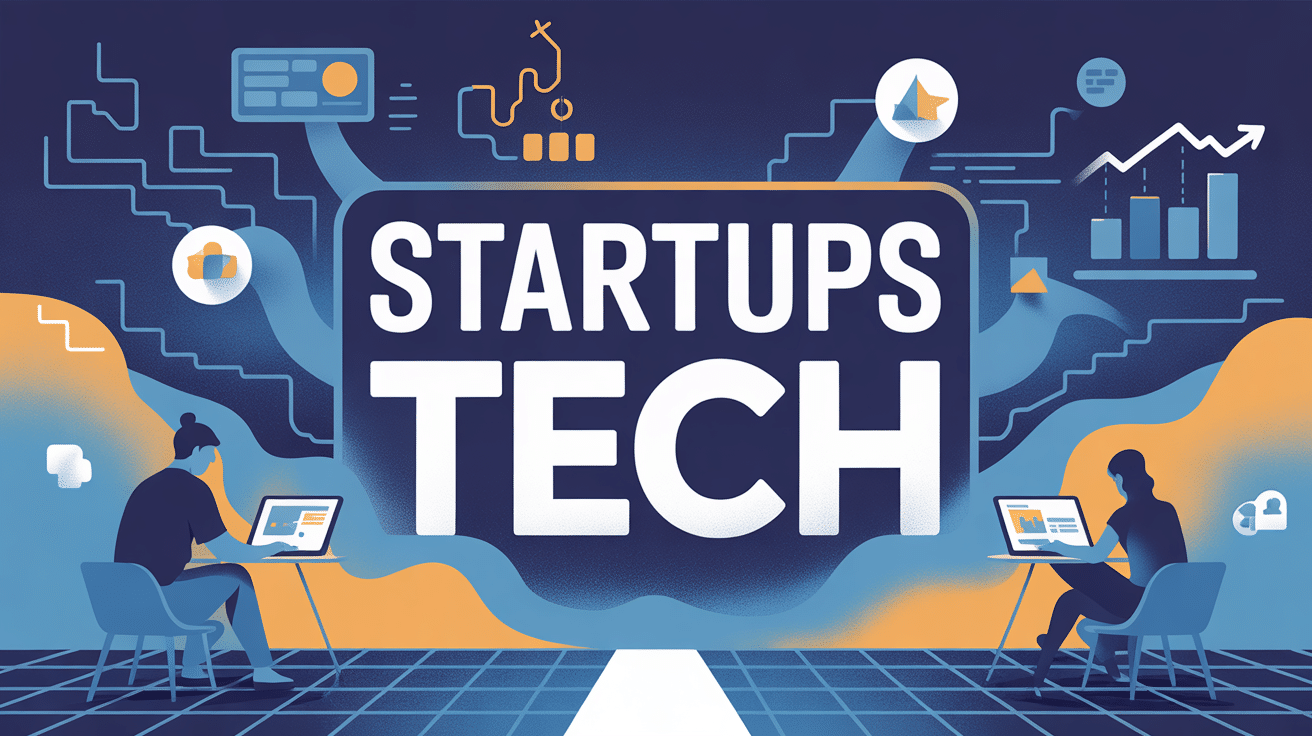 startup tech silhouettes icônes futuristes bleu orange