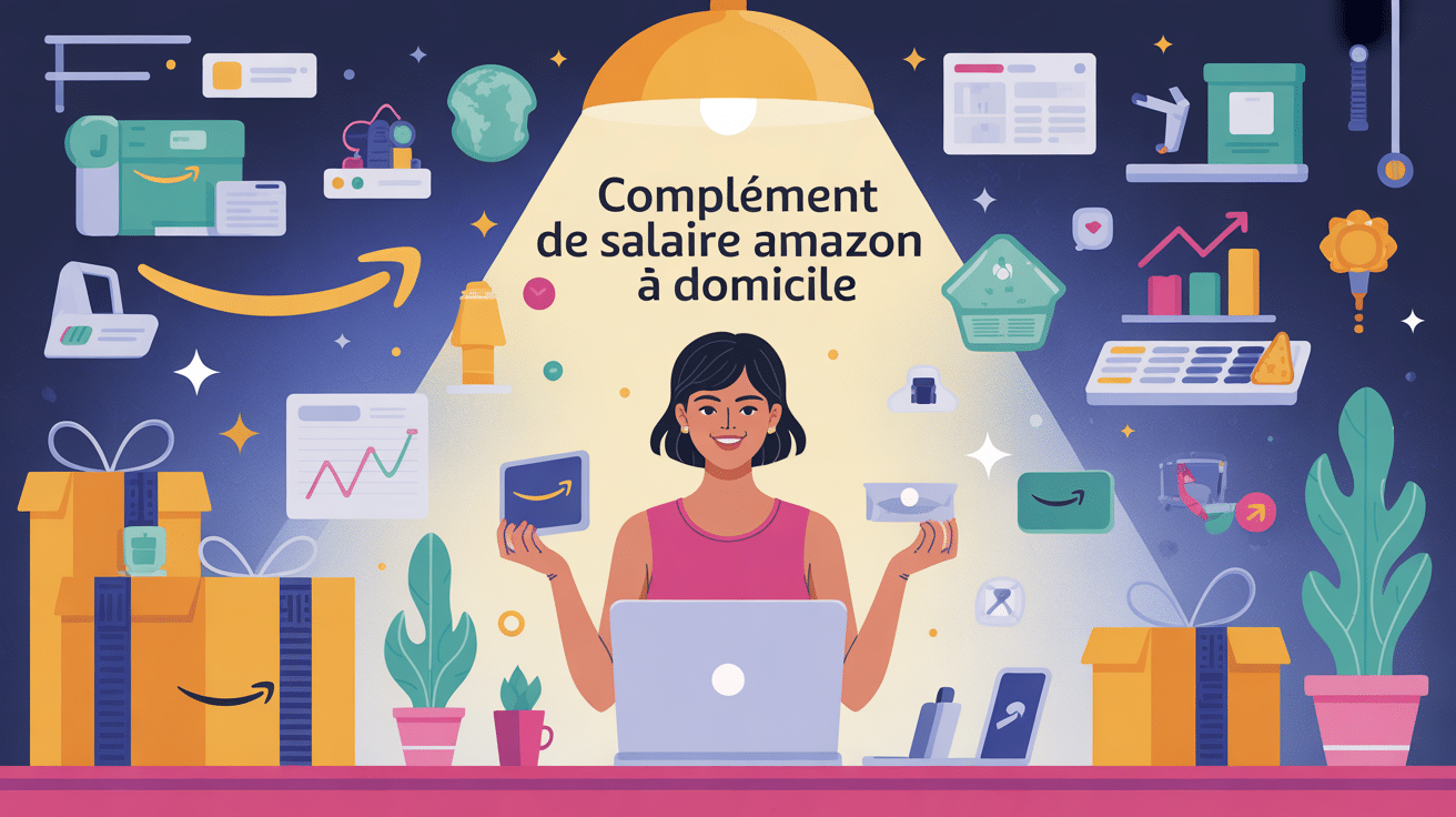 Complément de salaire à domicile avec Amazon, personne stylisée, symboles de revenus