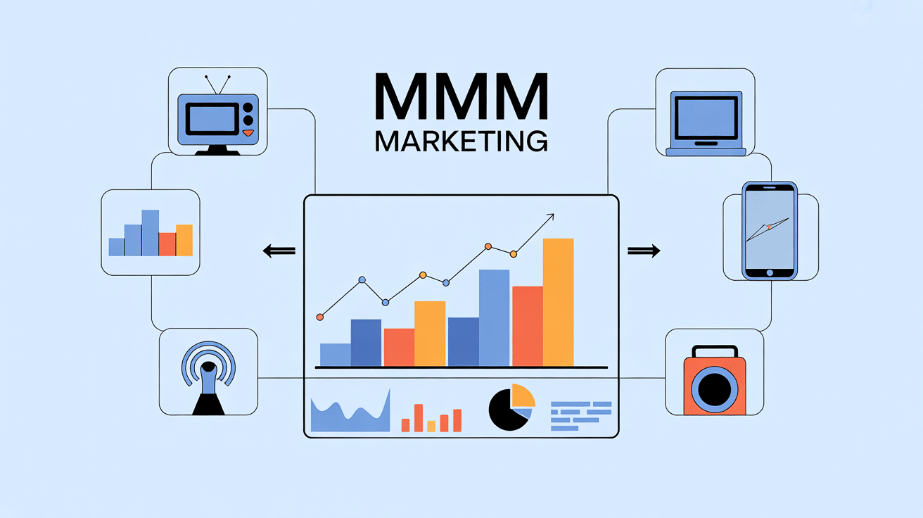 dashboard mmm marketing avec graphiques colorés et canaux reliés