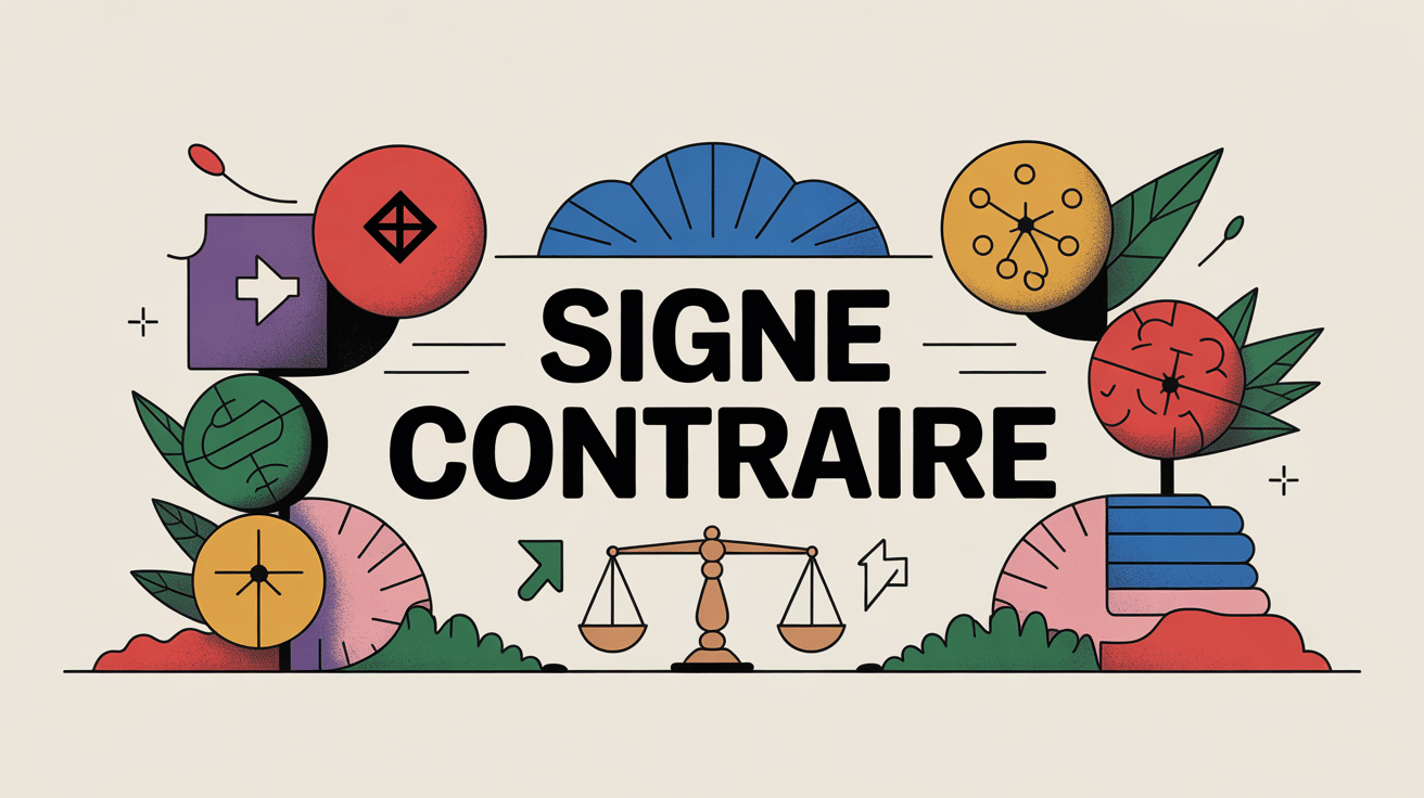 Illustration du terme signe contraire en français, mathématiques, logique, droit