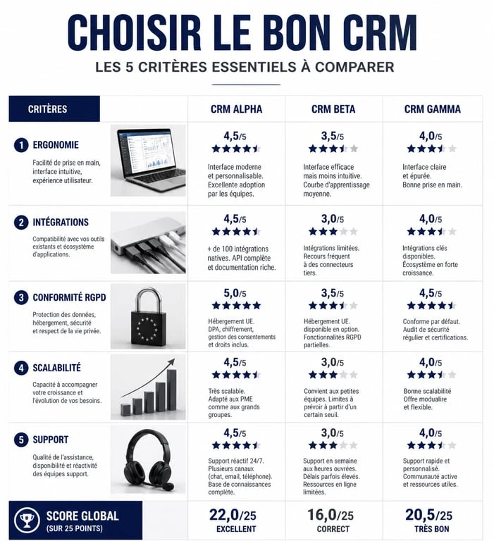 Infographie comparative des critères pour choisir le meilleur logiciel CRM