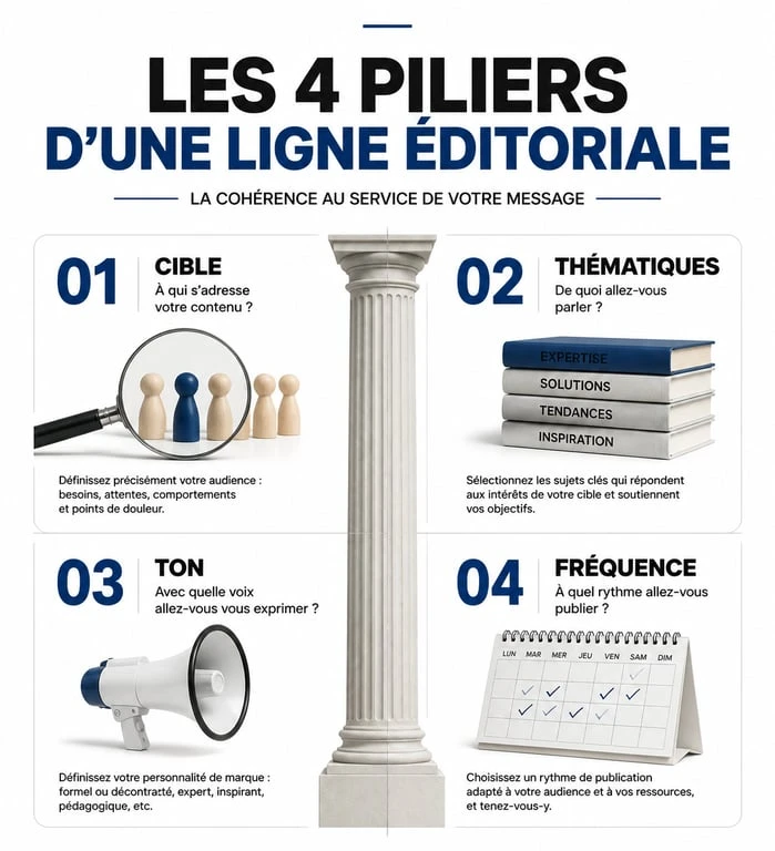 Infographie des 4 piliers de la ligne éditoriale : Cible, Thématiques, Ton et Fréquence