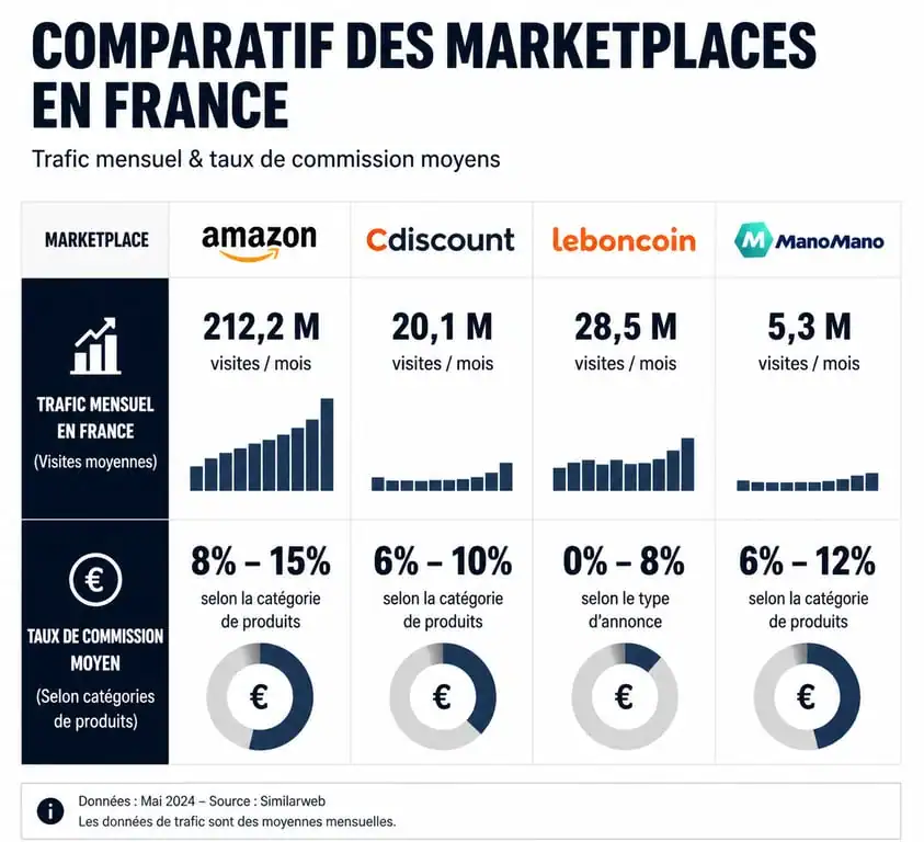Infographie comparative des marketplaces en France : trafic et commissions