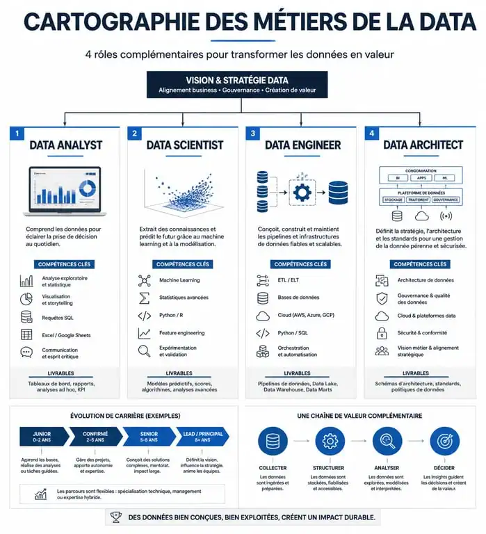 Infographie des métiers de la data : Data Analyst, Data Scientist, Data Engineer et Data Architect