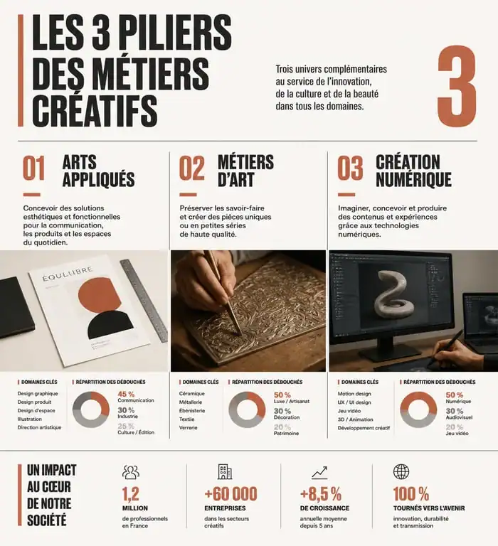 Infographie des métiers créatifs : arts appliqués, métiers d'art et création numérique