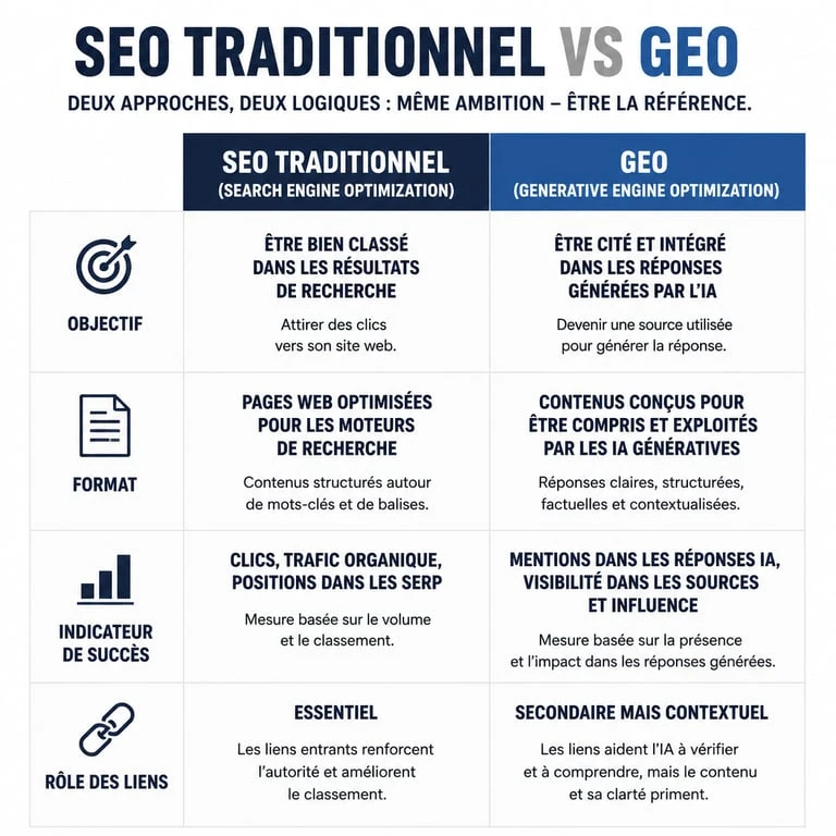 Infographie comparative entre SEO traditionnel et GEO pour comprendre le référencement IA