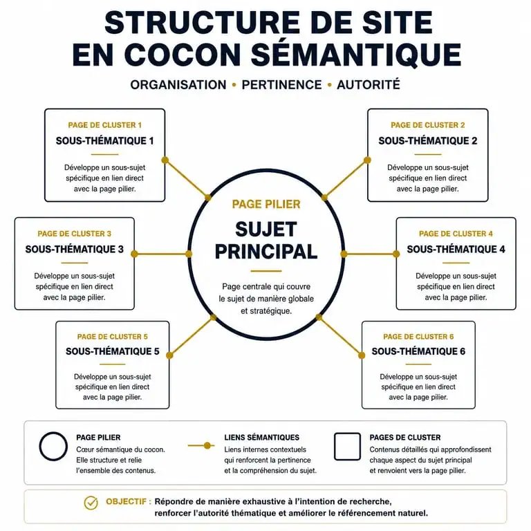 Schéma illustrant une stratégie éditoriale SEO avec une page pilier et des clusters thématiques