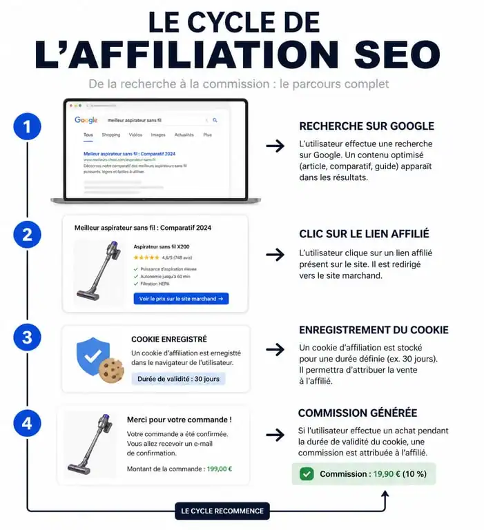 Schéma du fonctionnement de l'affiliation SEO et du cycle de commission