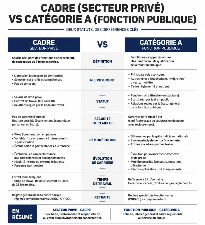 Infographie comparative du statut de métier cadre dans le secteur privé et la fonction publique