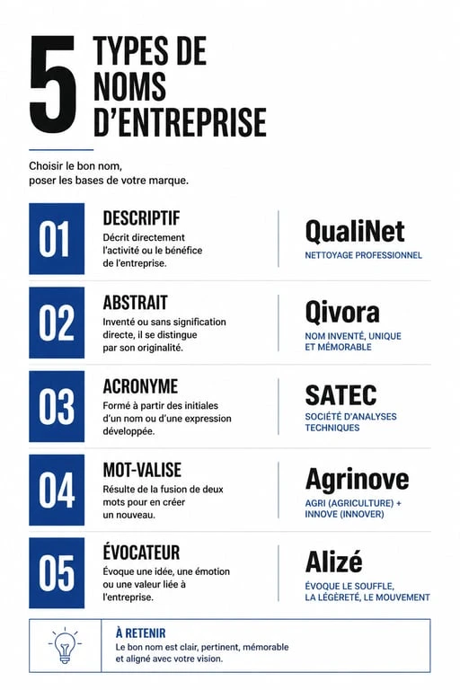 Infographie des types de noms d'entreprise pour le naming
