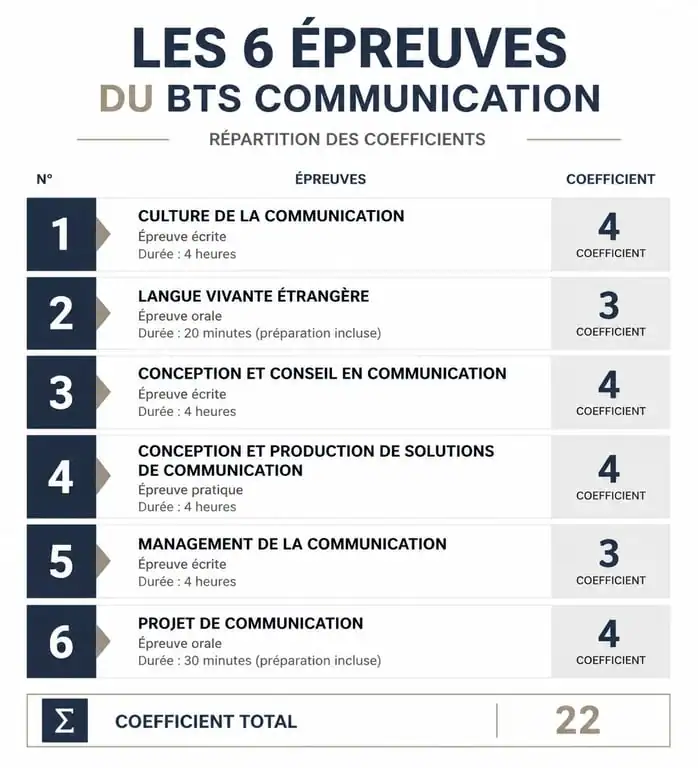 Tableau récapitulatif des 6 épreuves du BTS Communication à distance et leurs coefficients