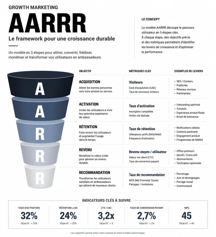 Infographie du framework AARRR pour une formation growth marketing