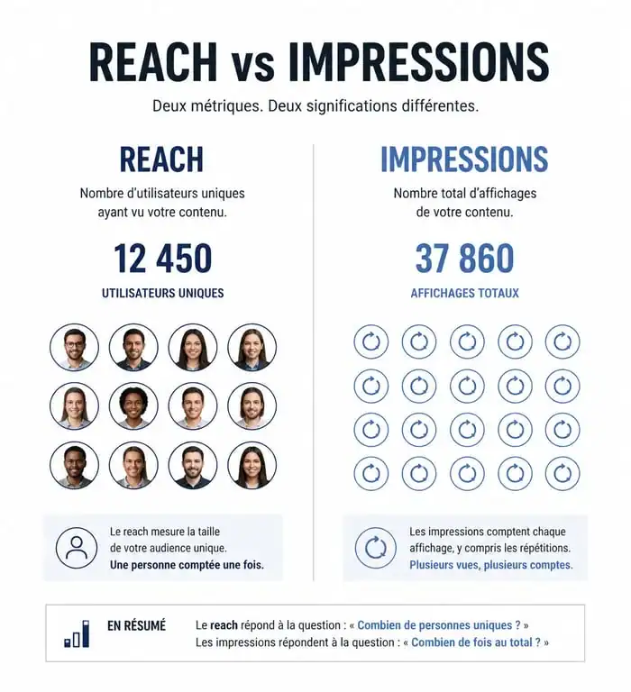 Schéma illustrant la différence entre le reach marketing et les impressions pour une campagne publicitaire