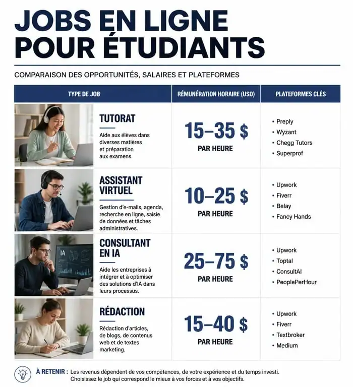 Infographie comparative des jobs étudiants en ligne : rémunérations et plateformes recommandées