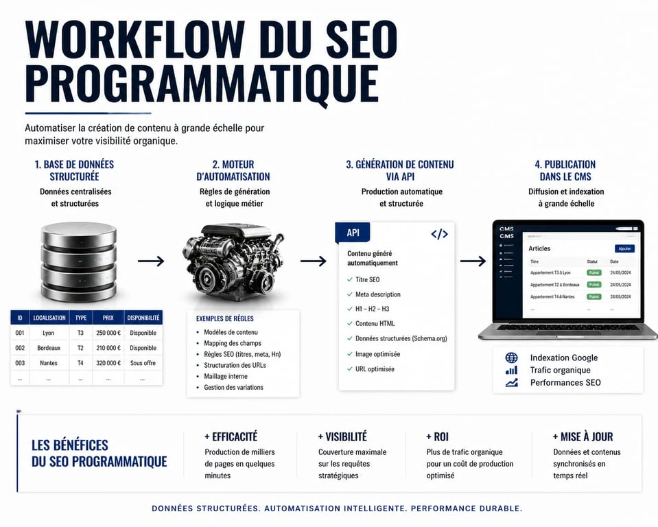 Schéma du workflow de formation SEO programmatique : de la base de données à l'automatisation du contenu