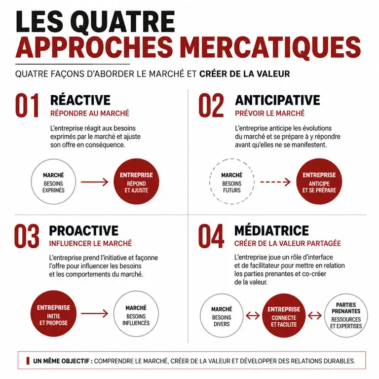 Infographie comparative des quatre approches mercatiques : réactive, anticipative, proactive et médiatrice