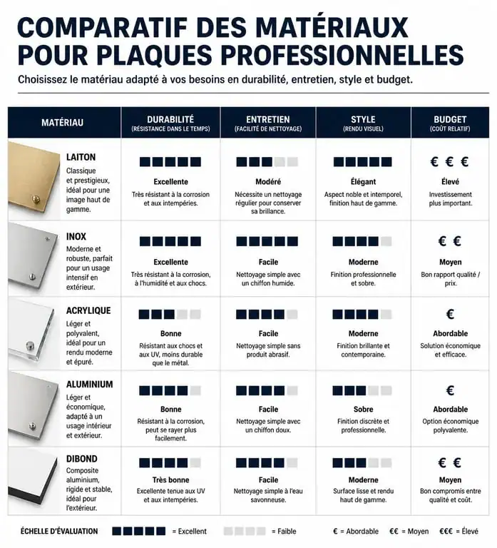 Tableau comparatif des matériaux pour plaque profession libérale : Plexiglas, Laiton, Aluminium, PVC