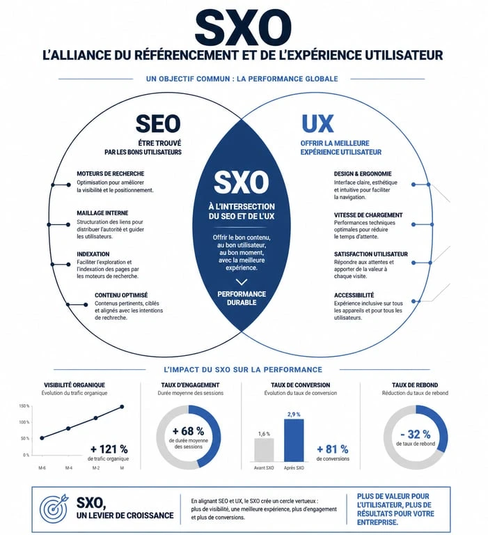 Infographie illustrant le concept de SXO à l'intersection du SEO et de l'UX pour améliorer la visibilité et la conversion.