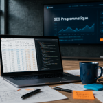 Formation SEO programmatique en ligne, ordinateur et table d’agence