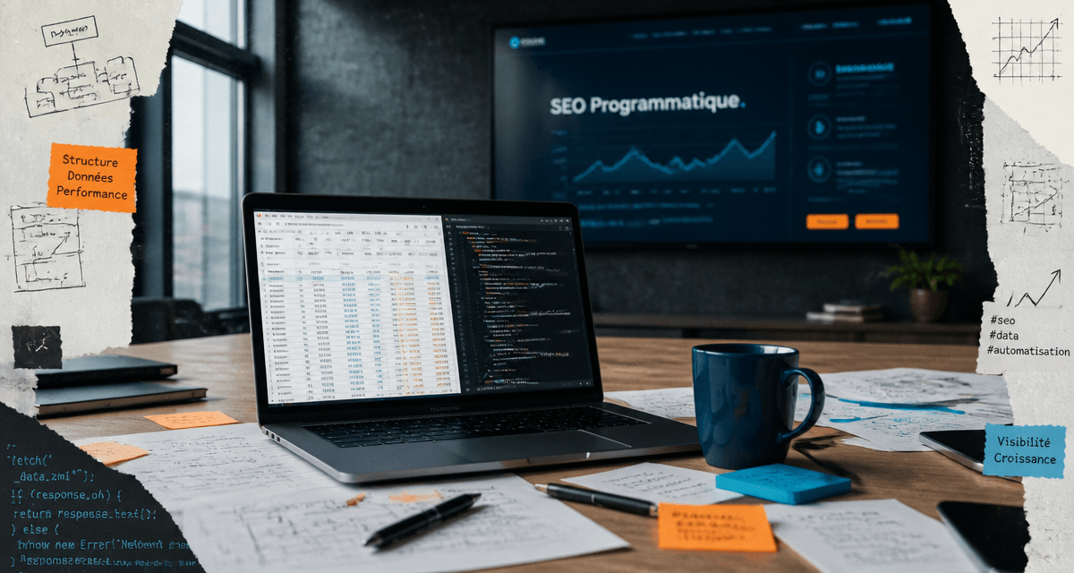 Formation SEO programmatique en ligne, ordinateur et table d’agence