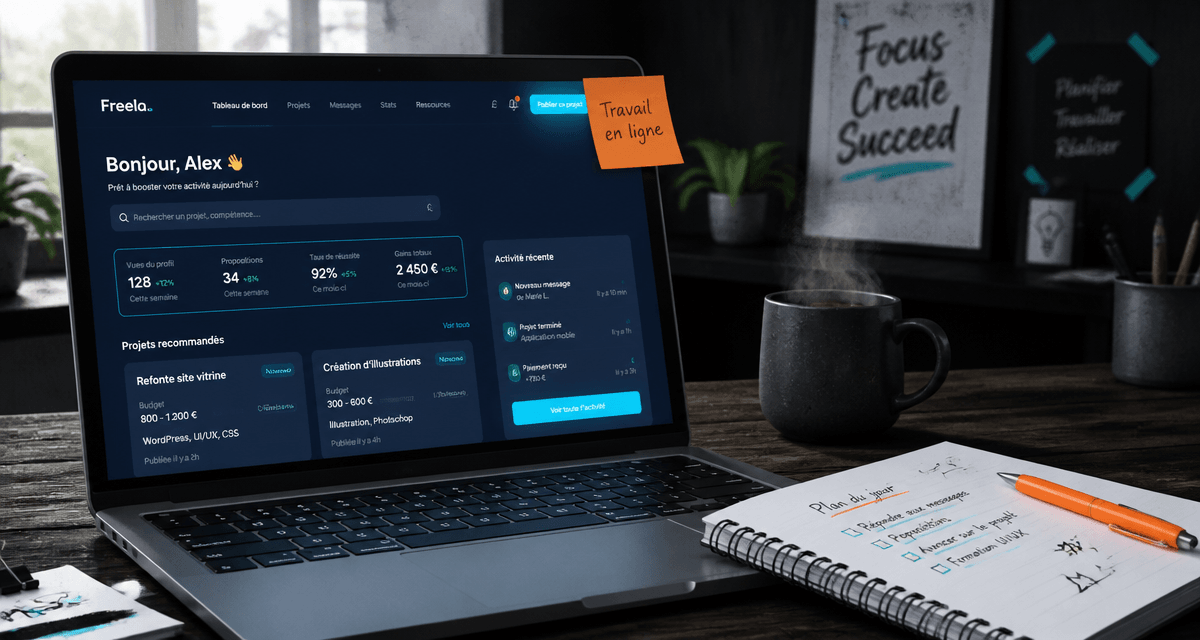 travail en ligne pour gagner de l'argent, bureau ordinateur carnet
