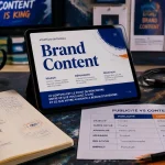 Brand content definition : publicité vs contenu au bureau, carnet et tablette