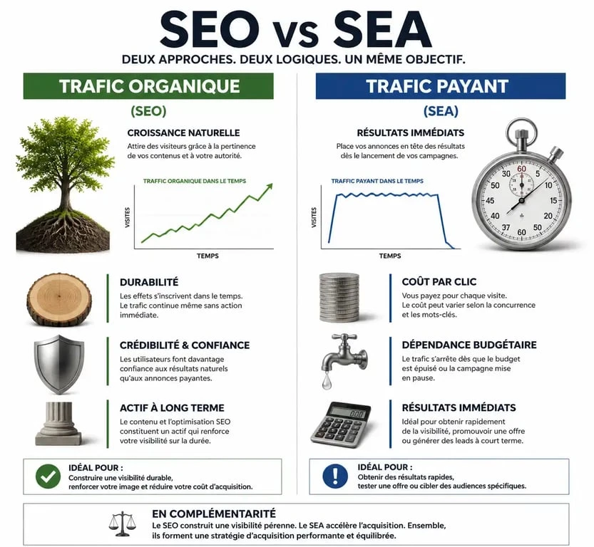 Infographie comparative entre le trafic organique et le trafic payant pour comprendre les enjeux du SEO et du SEA