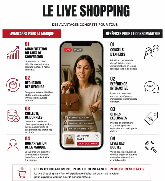 Infographie comparant les avantages du live shopping pour les marques et les consommateurs