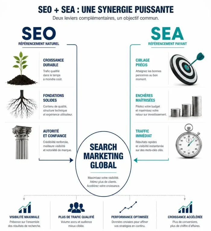 Infographie comparative SEO vs SEA illustrant la complémentarité des deux stratégies pour le Search Marketing Global