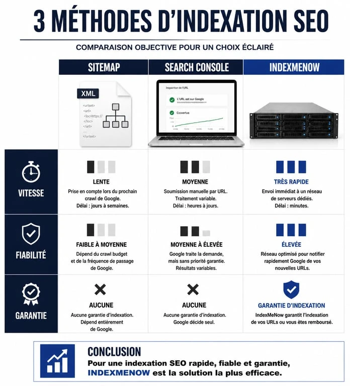 Comparatif des méthodes d'indexation SEO : Sitemap, Search Console et IndexMeNow