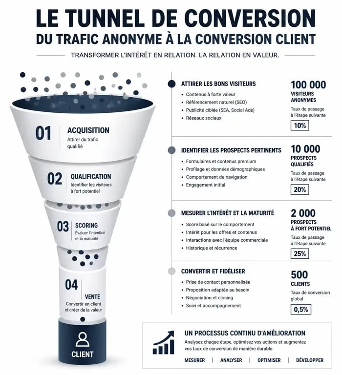 Infographie du tunnel de lead acquisition marketing pour la conversion de prospects