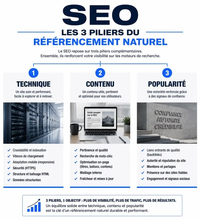 Infographie des trois piliers du référencement naturel SEO : technique, contenu et popularité