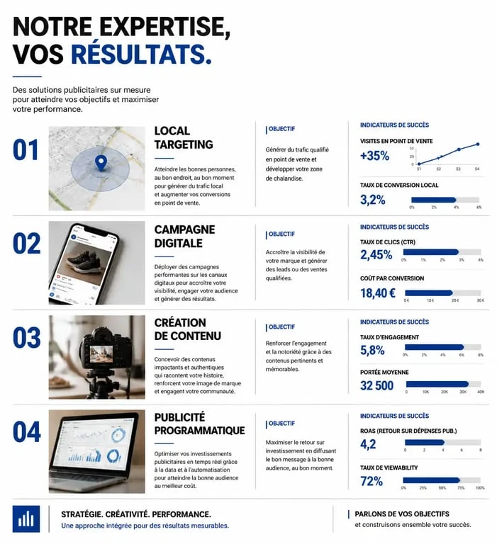 Infographie des services et KPIs d'une agence publicitaire pour le développement de votre entreprise