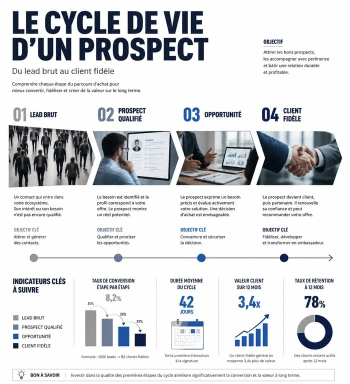 Infographie du cycle de vie du prospect : du lead au client