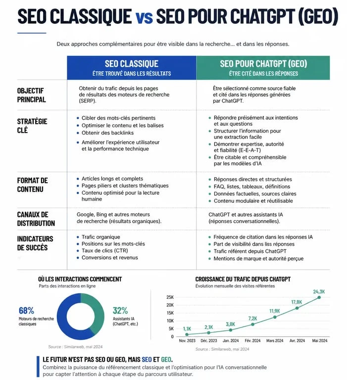 Infographie comparative entre le SEO classique et le SEO pour ChatGPT (GEO)