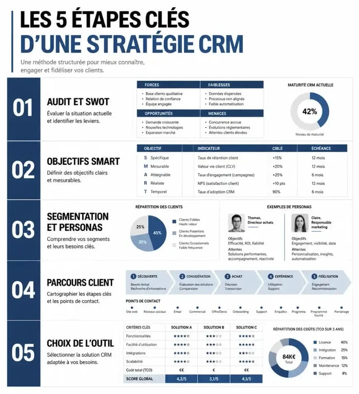 Infographie des 5 étapes pour réussir sa stratégie CRM en entreprise