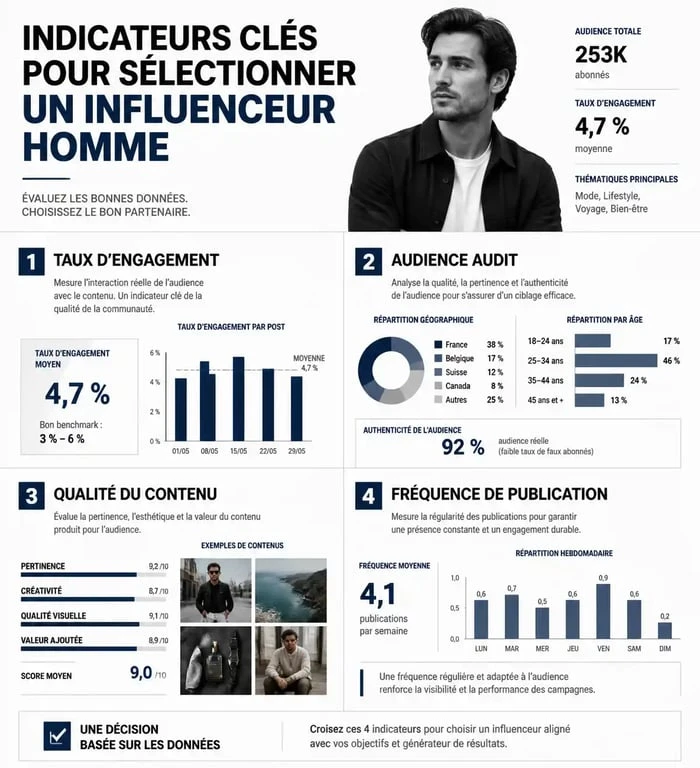 Infographie des critères de sélection d'un influenceur homme pour une campagne marketing