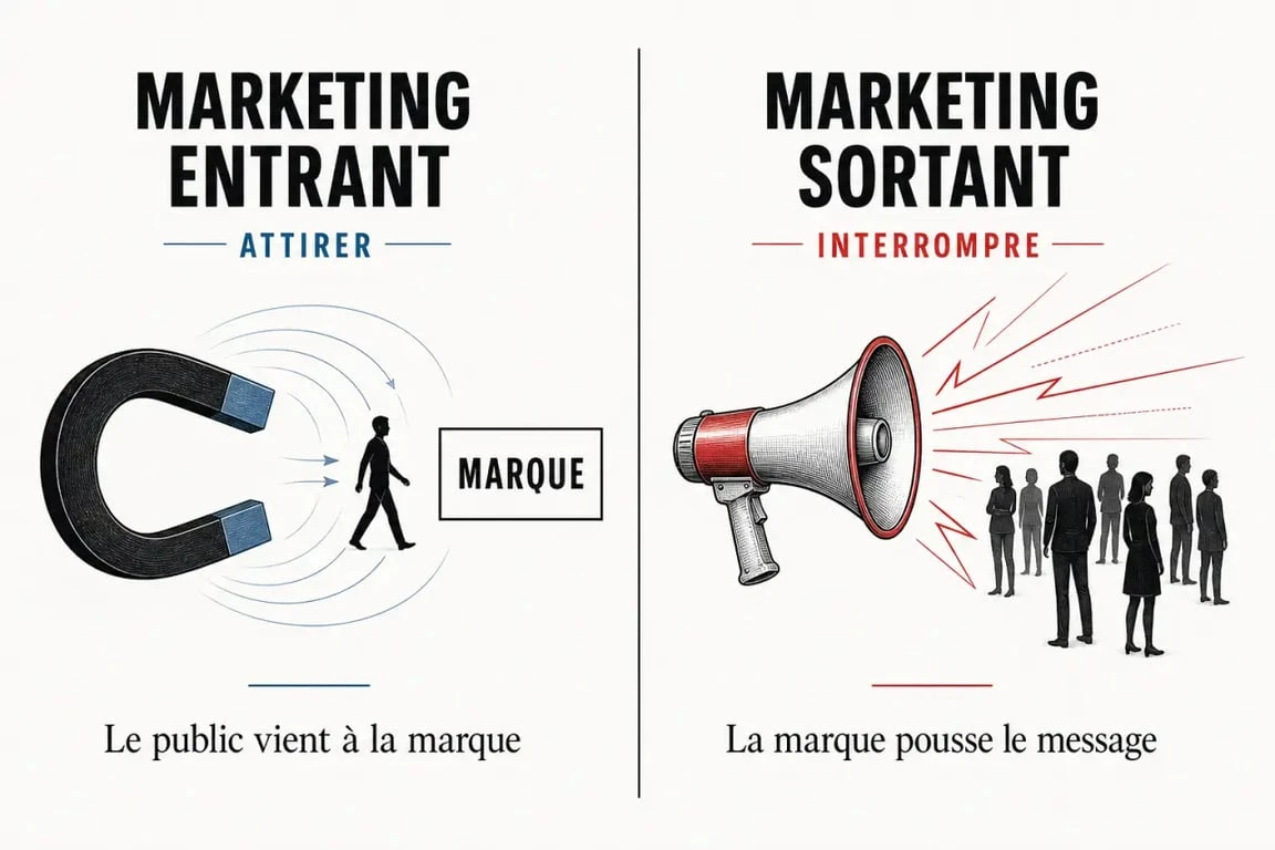 Infographie comparative entre Inbound Marketing et Outbound Marketing illustrant l'attraction versus l'intrusion