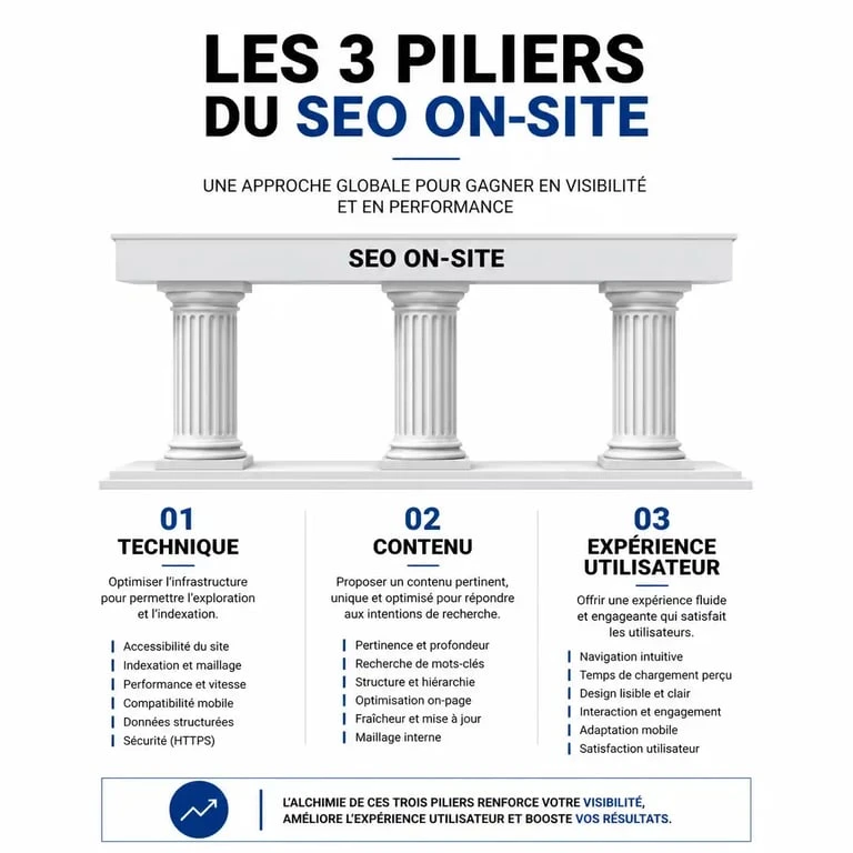Infographie des trois piliers du SEO on-site : technique, contenu et expérience utilisateur
